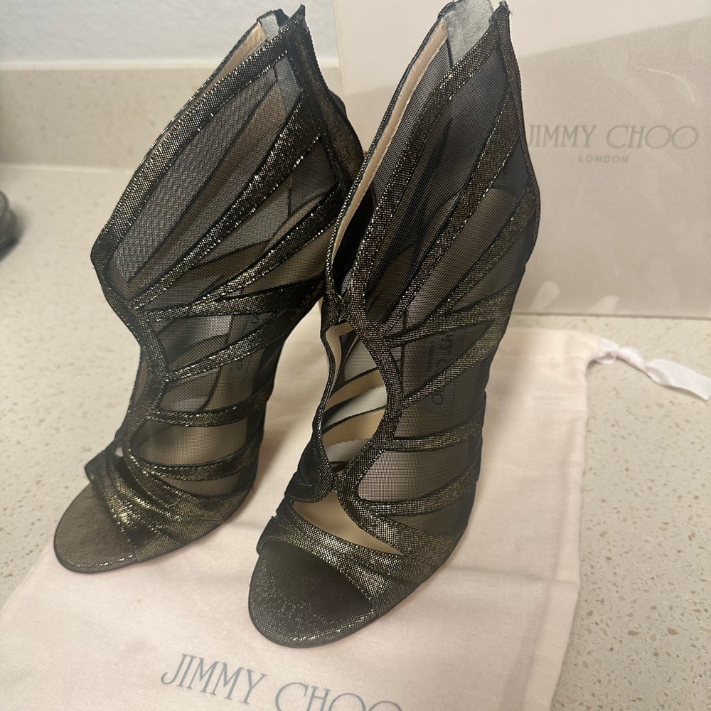 Jimmy‎ Choo Gold Leather and Mesh Back Zip Ankle Booties sz 38